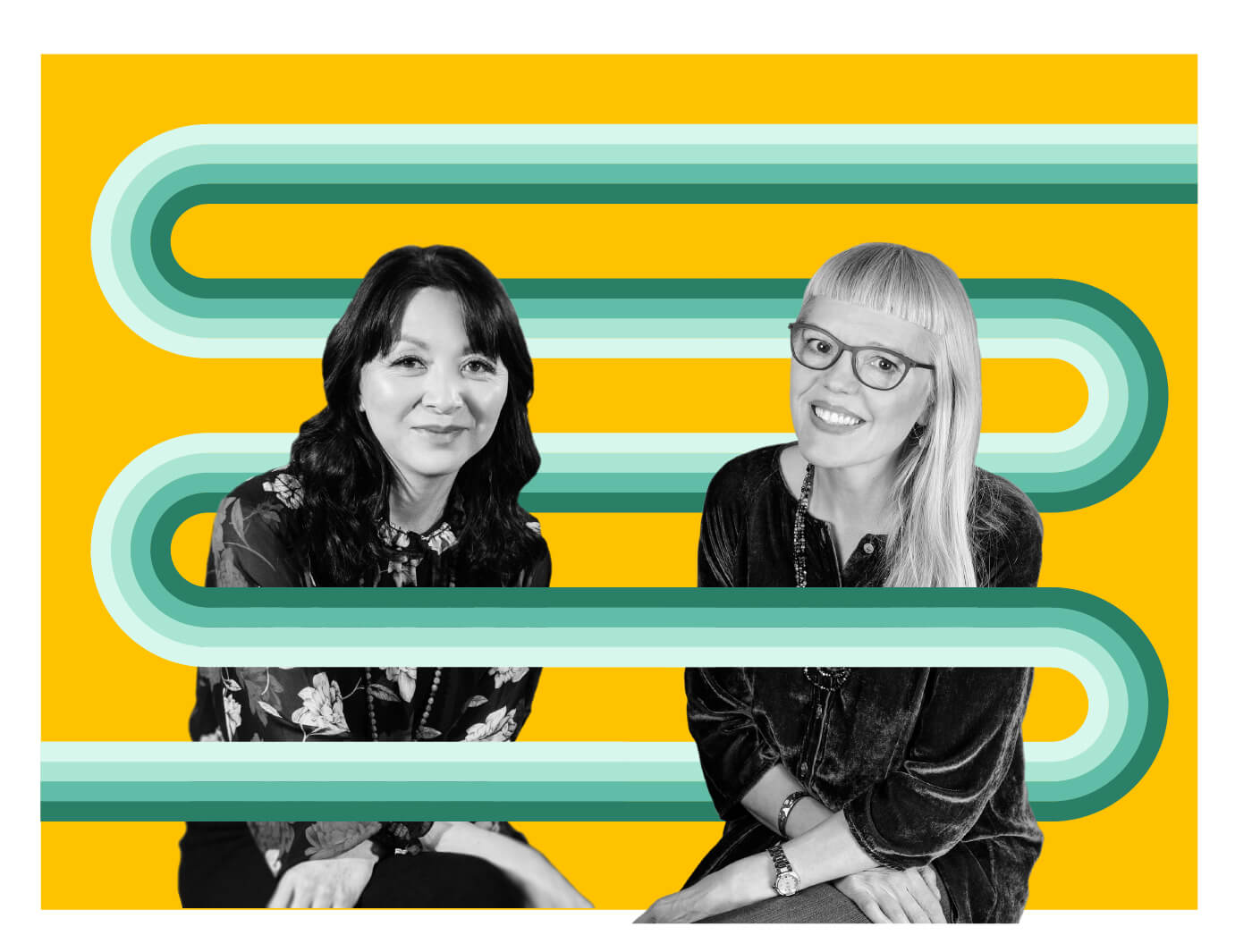 Suzanne and Madeleine surrounded by geometric, monochromatic curves